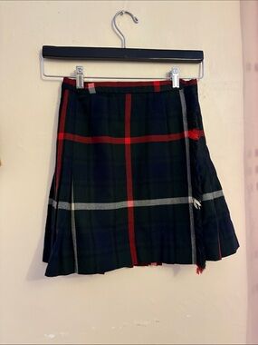Girls' Plaid Pleated Skirt with Fringe Trim - Black and Red.  Wool